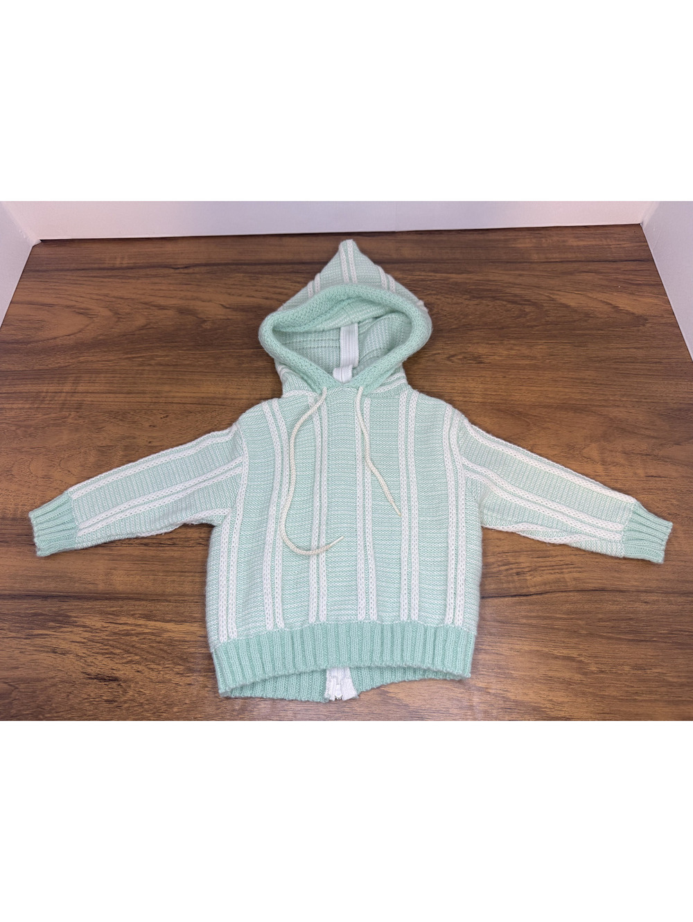 Vintage Denton Baby Knit Hoodie Sweater Green & White Striped Hooded Cardigan
